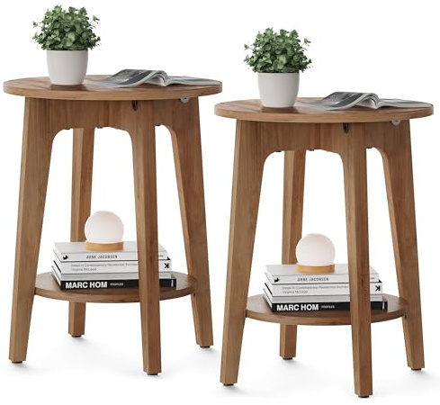 VASAGLE MAEZO Collection - Set of 2 Side Tables, 2-Tier Small Round End Tables, Nightstands with Tapered Legs, Curved Transitions, for Small Spaces, Living Room, Bedroom, Honey Brown ULET289K01