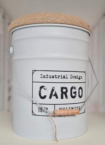 VEA SRL Sgabello Pouf contenitore in stile industriale 31x40 cm,Bianco, Sgabello decorativo in metallo camera da letto e soggiorno, Coperchio/seduta Morbida(FIL 61125 Bianco)