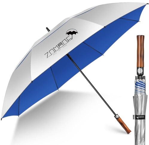 ZOMAKE 68IN Sonnenschirm mit UV Schutz,Regenschirm Groß XXL für Herren Damen,Golfschirm Sturmfest Großer Stabiler mit Gewelltem Holzgriff(Silber Marineblau)