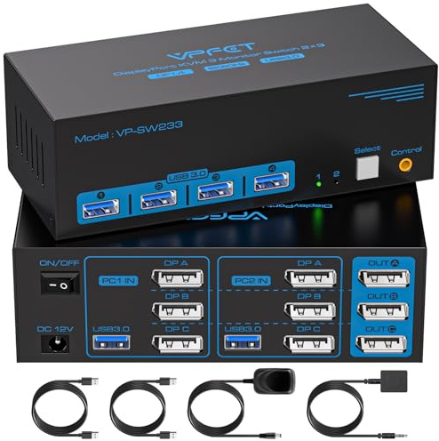 8K@60Hz KVM Switch 3 Monitors 2 Computers Displayport 4K@120Hz DP KVM Switches Triple Monitor Dual Port for 2 PC/Laptops Share 4 USB 3.0 Ports Support Extended & Duplicate Display Mode