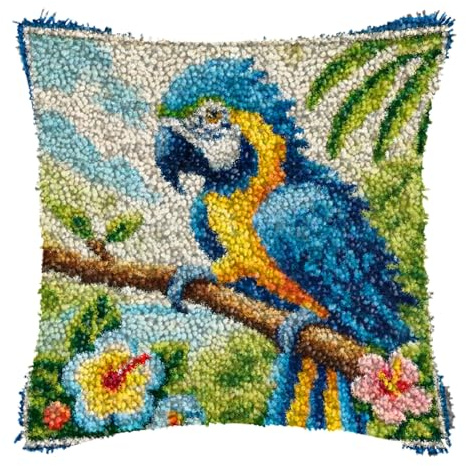 ZUHK Parrot Latch Hook Pillow Case Kits,17X17Inch 3D DIY Latch Hook Cushion Cover Kits Latch Hook Kit,with Latch Hook Tool Latch Hook Kit for Adults and Beginners (B)