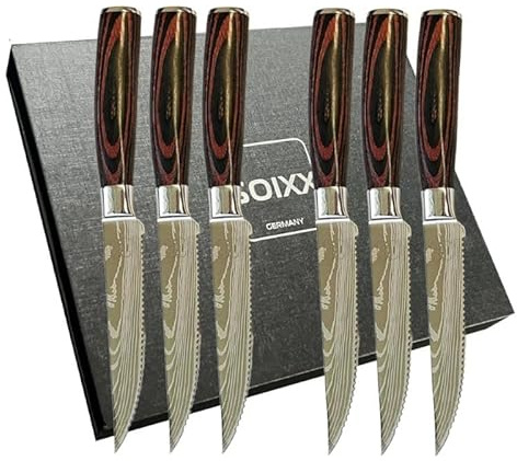 SOIXX Steakmesser Set 6-teilig – Edelstahl mit gezackter Klinge, ergonomischer Holzgriff, rostfrei und langlebig – Steakbesteck für Fleisch, inkl. Geschenkbox – Küchenmesser Set