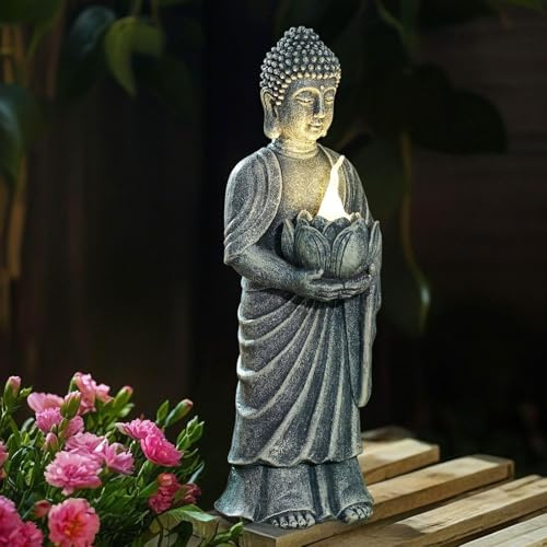 Yeomoo 28cm Solar Buddha Figur mit Lotospodest LED-Licht Deko Geschenk | Wetterfeste Zen Figur, Geschenk für Frauen, Mama Männer, Garten Terrasse Wohnzimmer Deko (Meditation, Yoga, Feng Shui) Grau