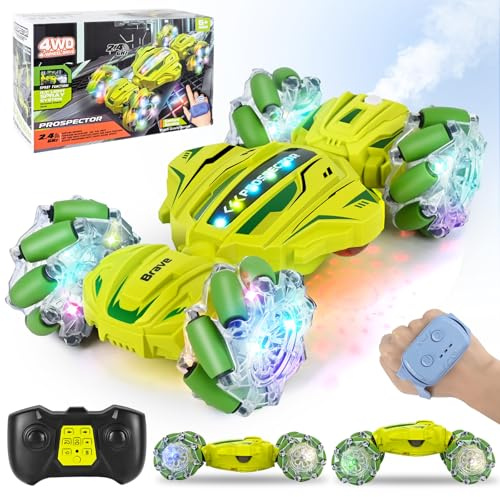PATEMZON Voiture Télécommandée Tout Terrain, 4WD 2.4Ghz RC Stunt Car, Voiture télécommandée avec la Main, Lumière et Spray, Rotation à 360°, Cadeau pour Filles Garçons Enfants de 6 8 9+ Ans (Vert)