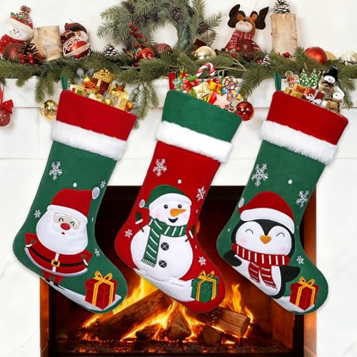 MEIVINES Christmas Stockings 3 Pack 19 Large Traditional Red and Green Christmas Stockings Classic Santa Snowman Reindeer Xmas Stockings Fireplace Holiday Christmas Decoration Gifts for Family Kids