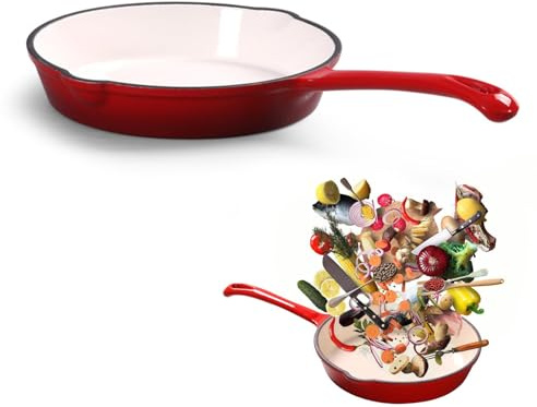 Fuerdich 16cm Enamel Non-Stick Frying Pan, Double-Layer Coating Cast Iron Skillet, Stay Cool Long Handle Cooking Pan Even Heat, Red