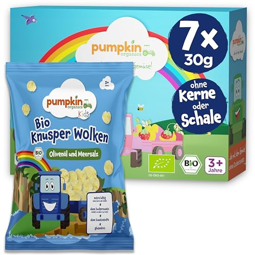 Pumpkin Organics Kindersnack Bio Knusper Wolken Olivenöl und Meersalz (7er Pack) ohne Zusatzstoffe 3+ Jahre - Knabbersnack für Kinder (7x30g)