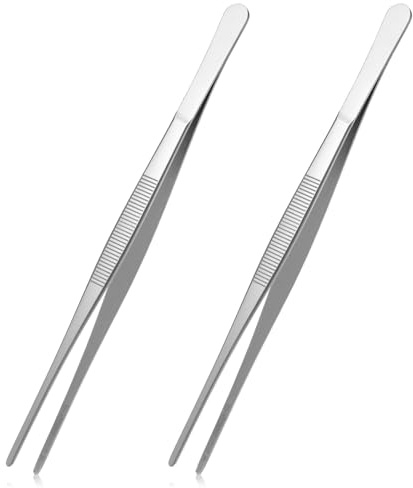 2 PCS Kitchen Tweezers Professional Cooking Tweezer Stainless Steel Long Tweezers Tongs Serrated Tips for Chef Serving Food Grill Culinary Pasta BBQ (9.84 Inch)
