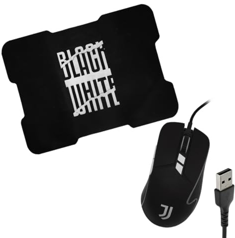 TECHMADE Juventus - Ratón USB con cable + alfombrilla para gaming blanco/negro – Combo oficial PC y portátil, sensor óptico de alta precisión, alfombrilla antideslizante