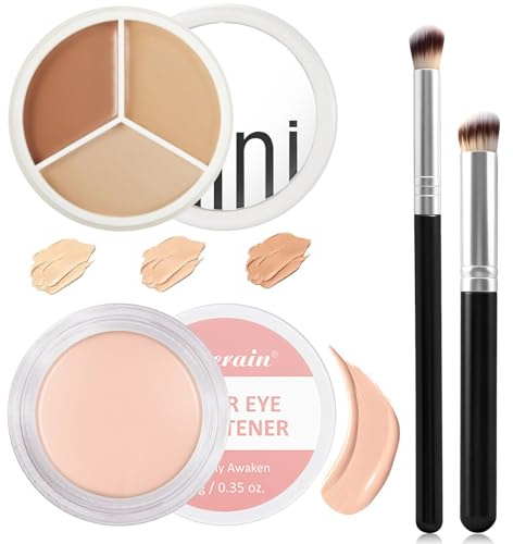 Correctora 3 en 1 (6.5g)+Corrector Ojeras (10g) con 2 pinceles Correctores,Crema Correctora 3 en 1,Under Eye Brightener,Oculta e Ilumina Eficazmente
