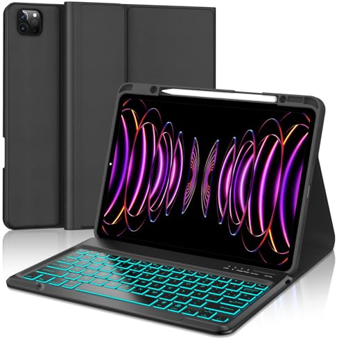 WAVATA Funda Teclado para iPad Air 13'' 2025/2024, Español Ñ Tecla para iPad Pro 12.9 Pulgadas 6/5/4/3 Generación, Teclado Bluetooth Desmontable Retroiluminado- Negro