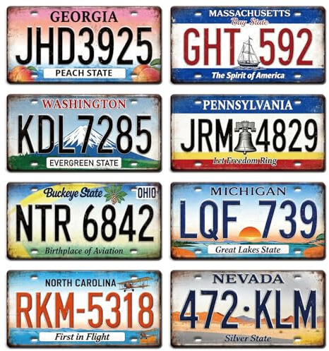 GLOBLELAND 8 Pcs Vintage License Plate Sign Sets 11.8×5.9 Historic Metal Tin Sign License Famous Scenery Metal Car Plates Retro Wall Art for Man Cave Bar Pub Cafe Home Decor