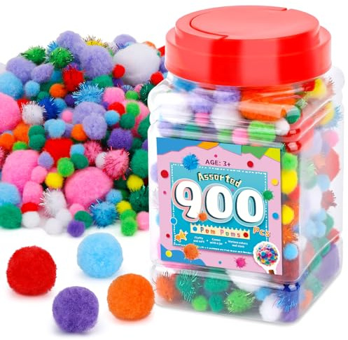 900 Stück Pompons Zum Basteln, Bunte Pompons Groß, 5 Größen Bommel Pompoms | Mini Pompons Zum Basteln, Pompom Pom Pom Bälle Für Weihnachten, DIY Kreativen Handwerk Dekorationen