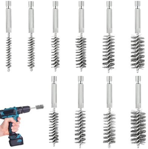 Brosse Metallique 1/4 Hexagonale 10 tailles 8-19mm inox | 10 brosses métalliques 1/4 hexagonales 8-19mm –inoxydable pour dérouiller, décaper, polir sur perceuse, visseuse, meuleuse