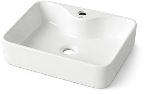 AKORD Lavabo da Appoggio Rettangolare AURA in Ceramica per Bagno, Moderno con Foro Rubinetteria, 47x37,5x14 cm, Bianco Lucido