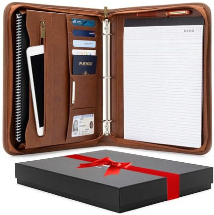 Forevermore Portfolios Portfolio Organizer - 3 Ring Binder with Notepad - 1.5 Inch Rings - Zippered Storage Pockets for Papers, Travel Documents, Presentation Folder, Cards, Passport, Tickets - Brown