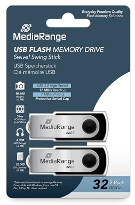 MediaRange USB-Stick USB 2.0 32GB 2er-Pack Schwarz | 2er-Pack | mit Drehkappe | Plug & Play | für Windows, macOS & Linux