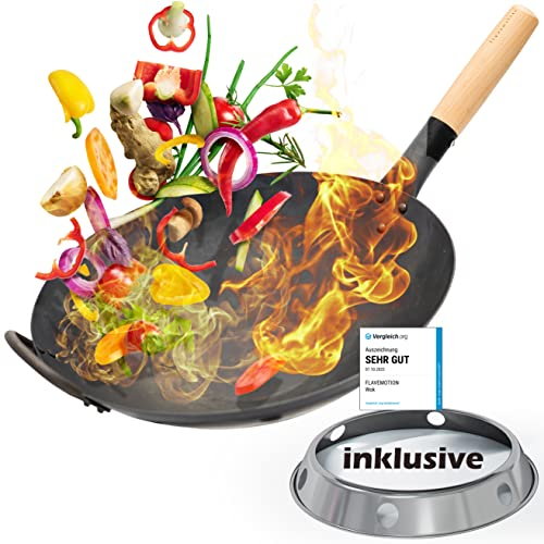 Flavemotion Wok + Wokring für Gasherd, Grill (36 cm, flacher Boden, vorgekocht) handgehämmerter Wok aus Karbonstahl mit Holzgriff, inkl. Wokring zur Aufbewahrung