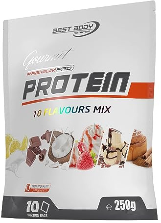 Best Body Nutrition Gourmet Premium Pro Protein Mix Beutel 10 x 25g Probierpaket, 4 Komponenten Eiweißpulver mit Caseinat, Whey, Isolat, Eiprotein – Mehrkomponenten Protein, cremiger Shake | 4 Eiweißquellen aus Caseinat, Molkenkonzentrat, Isolat und Eiprotein, ohne Aspartam, Mix Beutel