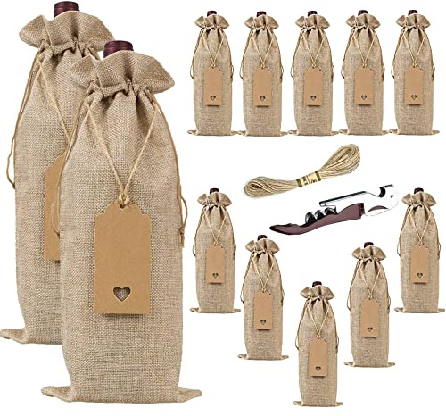 Penubuy Sacchetti per Vino in Tela con Coulisse, Confezione da 12 Coperchi per Bottiglie di Vino con Etichette e Corde, Sacchetti Regalo per Vino Riutilizzabili per Articoli per Feste (Naturale)