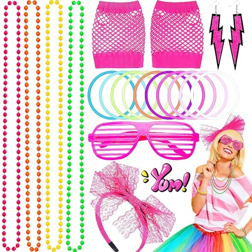 Mikqky 18 Stück Neon Spitze Stirnband 80er Jahre Accessoires, 80er Party Kleid Zubehör Neon, 80er Jahre Accessoires Damen Party, 80er Jahre Retro Party Set, Für 80er-Jahre-Mottopartys, Faschingspartys