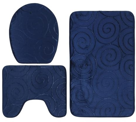 ViaGasaFamido 3-teiliges Badezimmermatte Set, Steingeprägtes Design, Navy Blau, Polyesterfaser, Saugfähig, 50x80cm, 50x40cm, 45x38cm