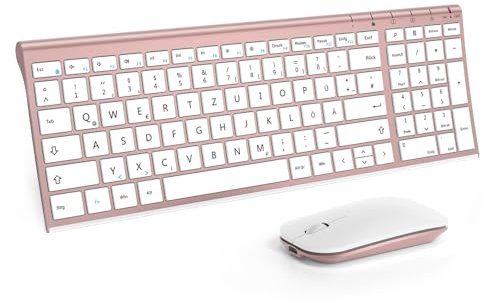 seenda WGJP-031B Tastatur Maus Set Kabellos, QWERTZ Layout Weiß&Rosa | Wiederaufladbare Aluminium Tastatur mit kompaktes, Ultradünne Funktastatur mit Maus für PC/Laptop/Smart TV