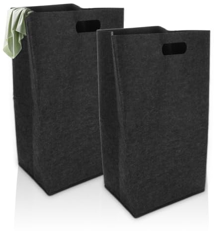 APACALI 2 Stück Wäschekorb Schmal, 60L Faltbar Wäschesammler Schmal, Wäschekorb Schwarz Schmaler Wäschekorb, Filz Wäschesammler, Schwarz Verdicktes Waschbehälter für Schlafzimmer, Badezimmer