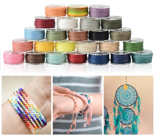 HAOMEEDUO 25 Rollen Baumwollschnur Gewachst 0.45mm*16m Gewachste Schnur Polyesterschnur 25 Farben Wachsschnur Armband Wachsband Gewachster Faden für Armbänder DIY Halskette Schmuckherstellung Basteln