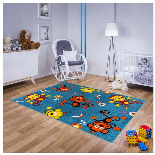 MDEKOR Teppich für Kinderzimmer in Blau, Kinderteppich 120 cm x 170 cm mit Tiere Motiv, Babyteppich für Mädchen und Jungen