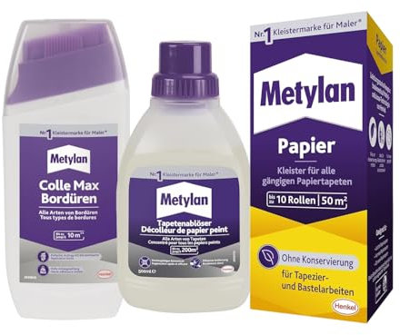 Metylan Papier, Tapetenkleister für Papiertapete (1x125g) & Metylan Bordüren Klebstoff (1x250g) & Metylan Tapetenablöser Aktiv-Konzentrat, löst schnell und problemlos (1x0,5l)