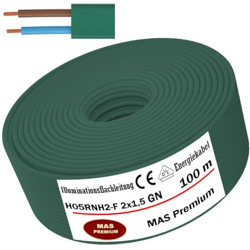 MAS Premium Câble plat d'illumination H05RNH2-F 2 x 1,5 GN - Gaine extérieure résistante à l'huile et ignifuge dans des pièces sèches, humides et humides - Pour guirlandes lumineuses temporairement
