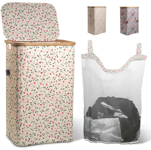 Jeffly Cesto Portabiancheria Sporca moderno, Sacca Rimovibile- 33x44x68cm, 100 Litri - Cesta Porta Biancheria per Bagno XL in Bambù – Uso Interno ed Esterno