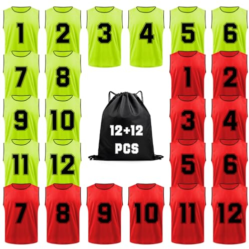 TopTie 24 Stück (Nr.1-12) nummerierte Pinnies Nylon Mesh Scrimmage Team Trainingswesten, Fußball Lätzchen für Erwachsene und Jugendliche