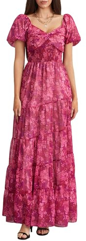 Women's Flower Print Maxi Dress Short Puff Sleeve Sweetheart Neck Tunic Waist A-Line Dress 2024 Summer Trendy Dress