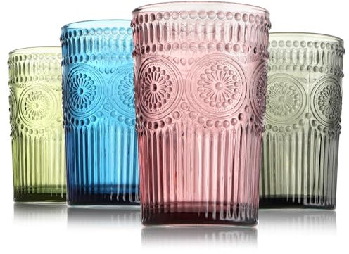 BIMUYI Glassware Tumblers, Romantic Embossed Drinking Glasses, Multicolor Water Cups, Capacity 370ml, Set of 4