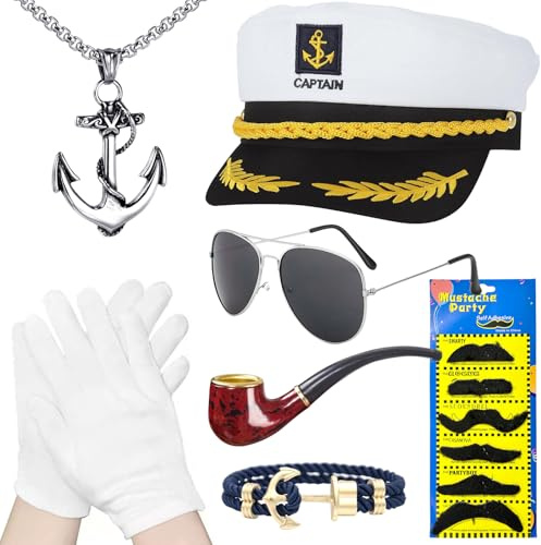 SOETDERT Yacht Kapitän Hut Kapitänsmütze Kostüm Set, Verstellbare Kapitänsmütze, Matrosenmütze, Sonnenbrille, Marine Hut Kapitän Accessoires für für Karneval Mottoparty Party Cosplay