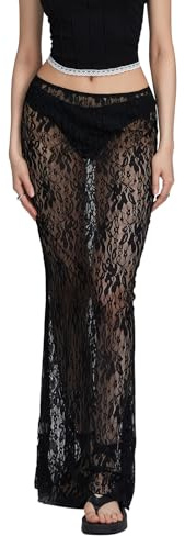 FeMereina Jupe longue en dentelle pour femme - Taille haute - Transparente - Jupe midi Y2K - Été - Élégante - Plage - Fête, Noir , M