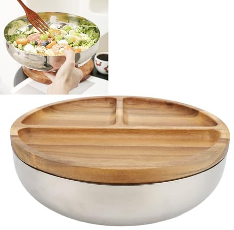 Tazón de acero inoxidable 304 para servir con tapa de madera, cuenco de ensalada de almacenamiento de alimentos para cocina, cocinar y hornear