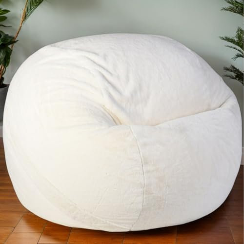 HORLSKI Sitzsackbezüge Ohne Füllung Rund Waschbar in Kunstfell Grau Für Wohnzimmer Und Garten Komfortabel Strapazierfähig Ideal Für Den Täglichen Gebrauch,Weiß,90 * 55cm