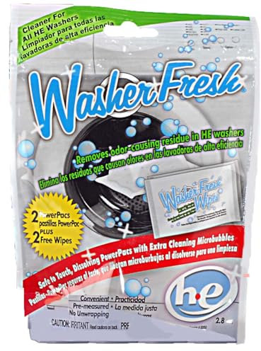 WasherFresh Limpiador de lavadora, limpia las arandelas de carga frontal y de carga superior normal o de alta eficiencia, 2 bolsas de disolución PowerPac y toallitas de limpieza (paquete de 4)