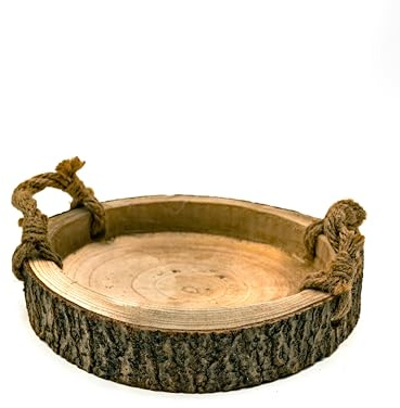 LivuX Rundes Echt Holz-Tablett mit Rinde und Griffen – Ø 30 cm, Höhe 5 cm – Rustikales Serviertablett Landhausstil Deko und Küche Handarbeit 1109