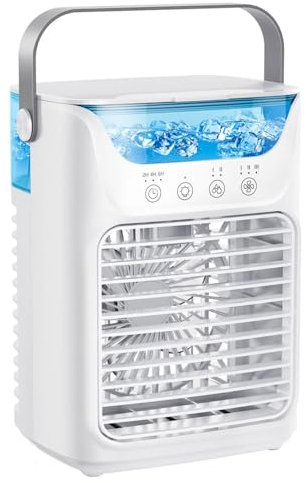 GWFBLID 700ml Aire Acondicionado Portatil 4 en 1 Mini Aire Acondicionado 3 Velocidades 2 Modos de Nebulización Luz de 7 Colores Temporizador de 2-6H Enfriador de Aire Portátil Interior