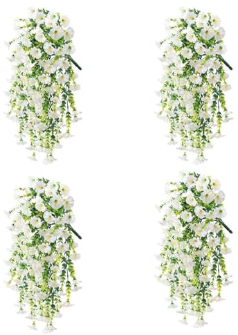 4 Pack Artificial Morning Glory Vines 29.5 Inch UV Resistant Hanging Flowers Silk Fake Plants for Outdoor Garden Wall Porch Wedding Spring Decoration (C)