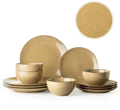 Dafuceramic Plates and Bowls Sets, 12 Pieces Modern Stoneware Dinnerware Set for 4 Kitchen Dinner Set Ceramic Dishware Dishes Set Microwave and Dishwasher Safe (Maize Yellow)