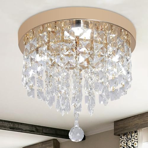 Deckrico Gold Crystal Chandelier Flush Mount Ceiling Light Modern LED Lighting Fixture for Bedroom, Closet, Kitchen, Hallway – White Light