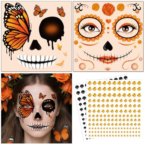 DPKOW Tatuajes de Caras de Halloween con Gemas Faciales Adhesivas, Halloween Tatuajes Temporales Calavera y Mariposa Accesorios para Disfraces de Halloween Maquillaje Tatuajes Falsos