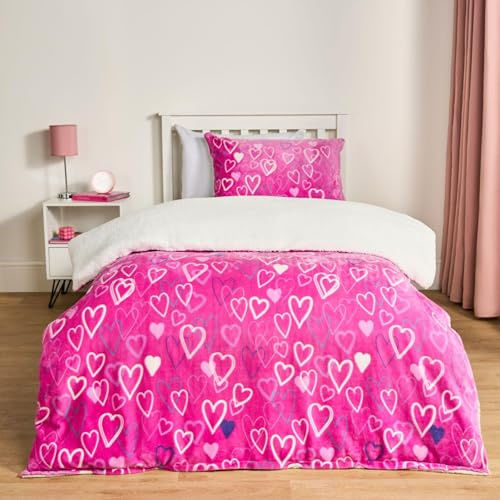 OHS Single Duvet Cover Set for Girls, Ultra Soft Warm Cosy Heart Printed Glow In The Dark Kids Bedding Luxury Comfy Quilt Girls Single Duvet Cover Set with Pillowcase, Pink