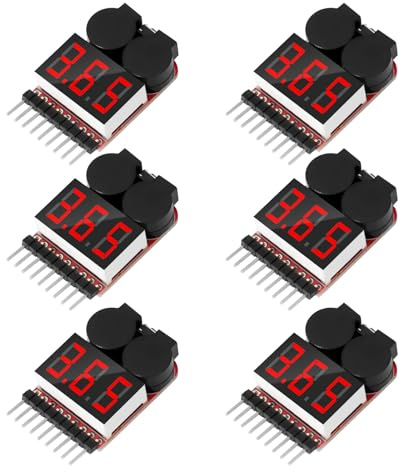 RUIZHI 1-8S Lipo Tester Battery, Lipo Checker Battery Indicator, RC Monitor Battery Low Voltage Alarm Sound Checker, Voltage Display with LED Display for Lipo/Li-Ion/LiMn/Li-Fe Batteries (Pack of 6)