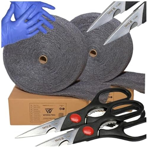 Stahlwolle Rolle 2 kg Grad 0+00 Universal – Polierwolle zum Reinigen, Polieren & Renovieren von Metall, Holz & Stein – inkl. 2 x Yato Schere & 2 x Handschuhe WOOLTEC